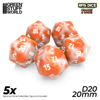 Green Stuff World - 5x D20 20mm Dice - Orange White Marble