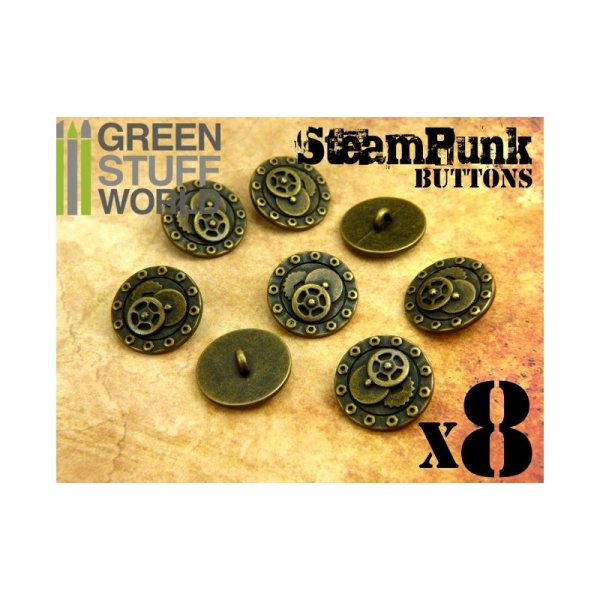 Green Stuff World - 8x Steampunk Buttons BOLTS and GEARS - Bronze