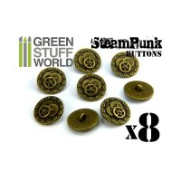 Green Stuff World - 8x Steampunk Buttons BOLTS and GEARS - Antique Gold