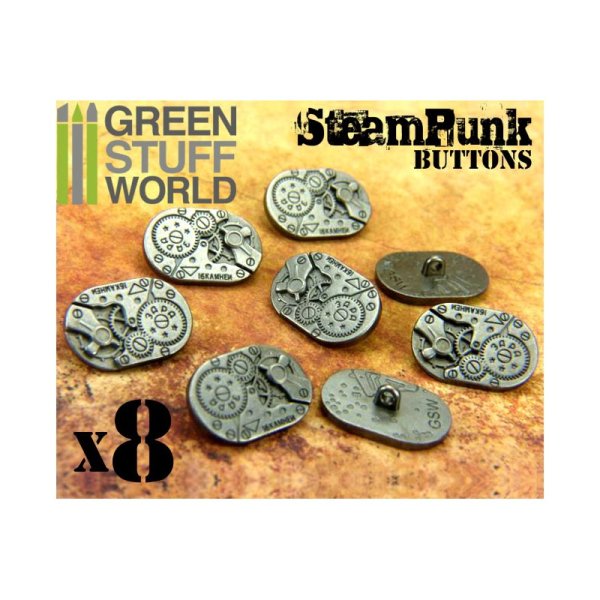 Green Stuff World - 8x Steampunk Oval Buttons WATCH MOVEMENTS - Silver