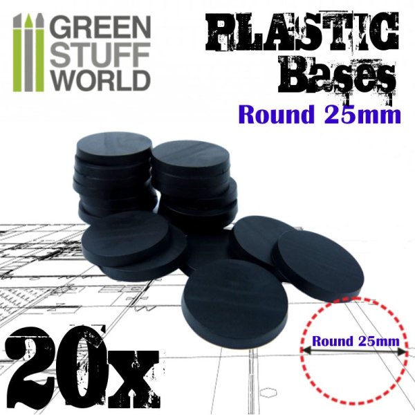 Green Stuff World - Plastic Bases - Round 25mm BLACK