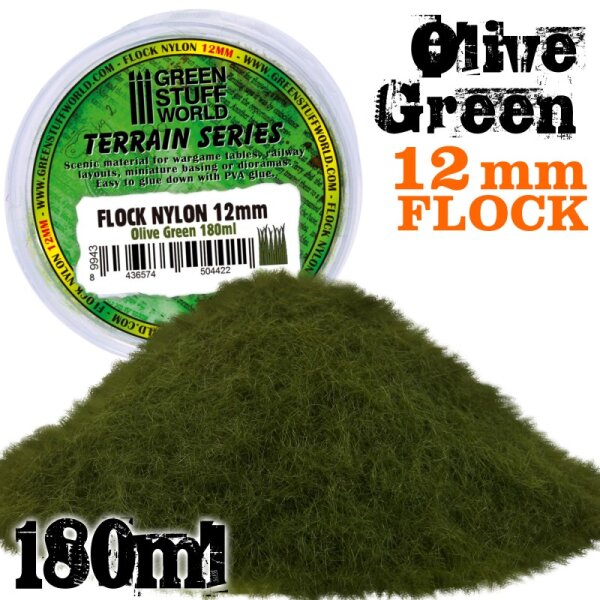 Green Stuff World - Static Grass Flock 12mm - Olive Green - 180 ml