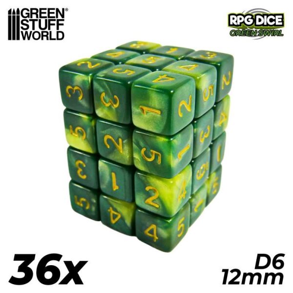 Green Stuff World - 36x D6 12mm Dice - Green Swirl