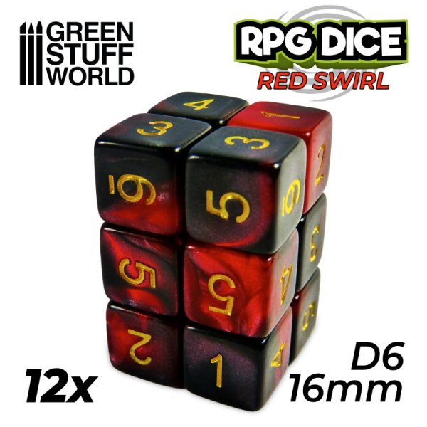 Green Stuff World - 12x D6 16mm Dice - Red Swirl