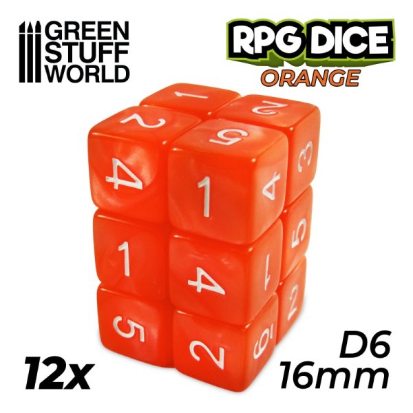Green Stuff World - 12x D6 16mm Dice - Orange