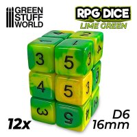 Green Stuff World - 12x D6 16mm Dice - Lime Marble
