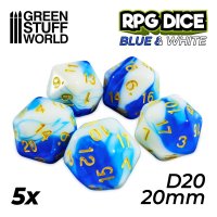 Green Stuff World - 5x D20 20mm Dice - Blue White