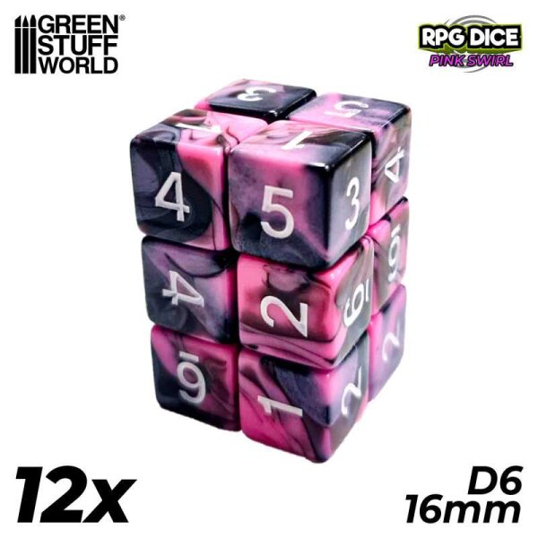 Green Stuff World - 12x D6 16mm Dice - Pink Swirl