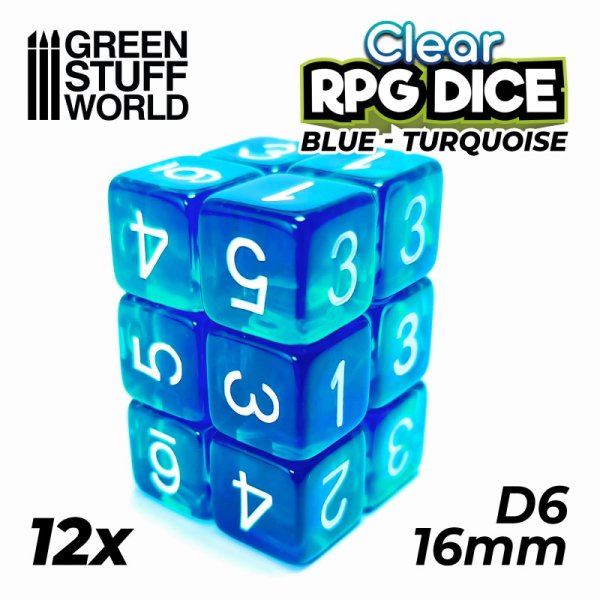 Green Stuff World - 12x D6 16mm Dice - Clear Blue/Turquoise