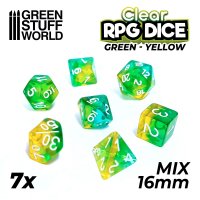 Green Stuff World - 7x Mix 16mm Dice - Clear Green/Yellow