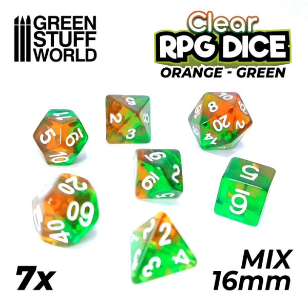 Green Stuff World - 7x Mix 16mm Dice - Clear Orange/Green