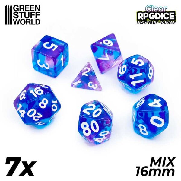 Green Stuff World - 7x Mix 16mm Dice - Light Blue - Purple
