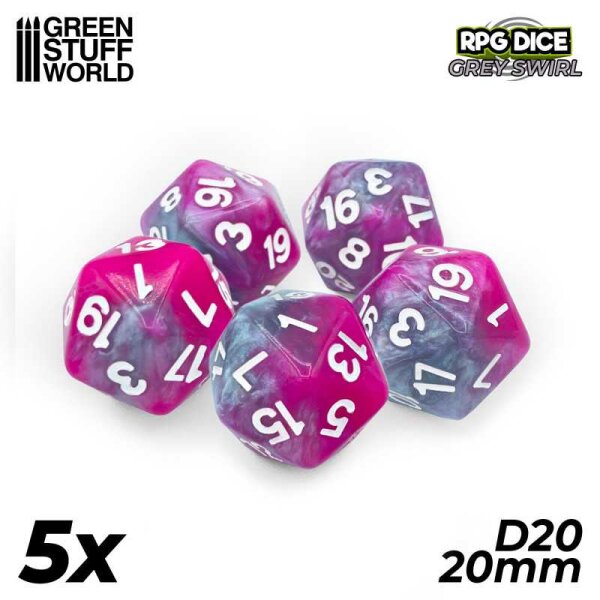 Green Stuff World - 5x D20 20mm Dice - Pink - Grey