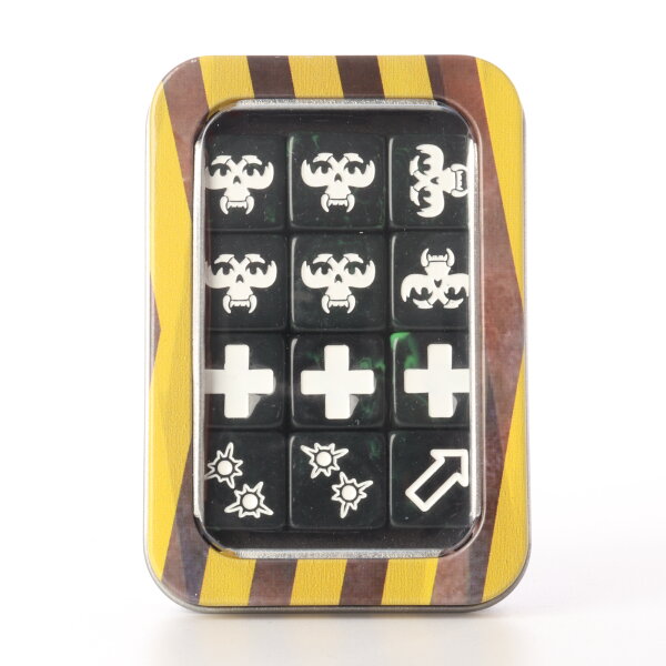Baron of Dice - Black/Green with White Skirmish Set 16mm Square Corner Dice (12)