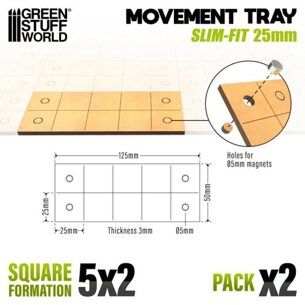 Green Stuff World - MDF Movement Trays - Slimfit Square 25 mm 5x2