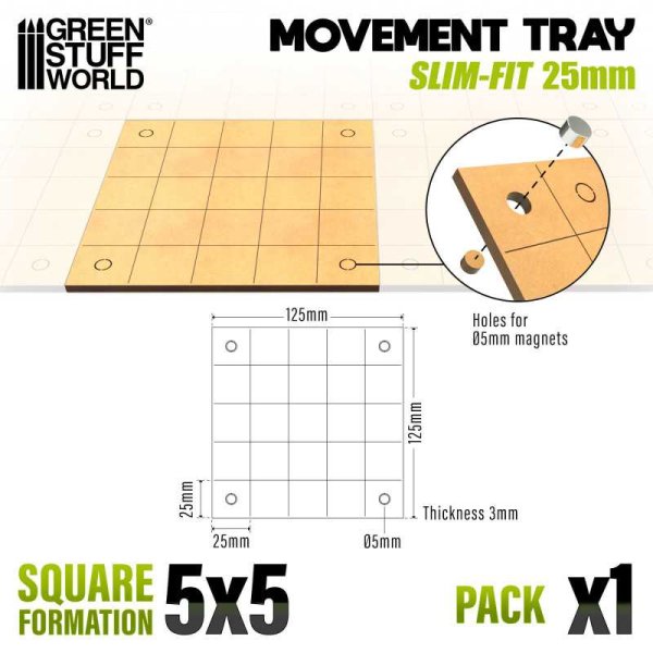 Green Stuff World - MDF Movement Trays - Slimfit Square 25 mm 5x5