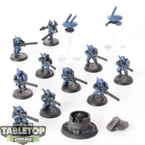 Tau Empire - 10 Fire Warriors, 2 Drones & 1 DS8 tactical support turret - teilweise bemalt