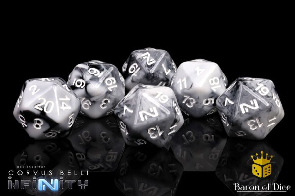 Baron of Dice - Infinity: N4 Marbled w/ White - Official Dice Set (6 Dices)