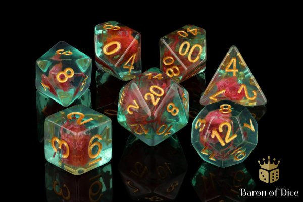 Baron of Dice - Teal with Red Flowers RPG Dice Set (7 Pieces)