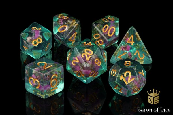 Baron of Dice - Teal with Purple Flowers RPG Dice Set (7 Pieces)