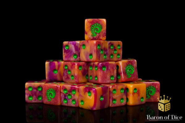 Baron of Dice - Alien, Orange & Green 16mm Square Corner Dice (25)